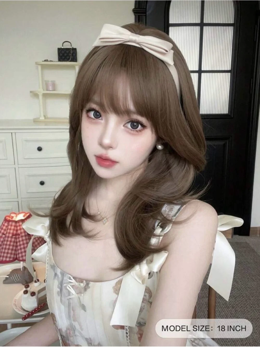 Heat Resistant Wavy Wig In Brown With Bangs 18”